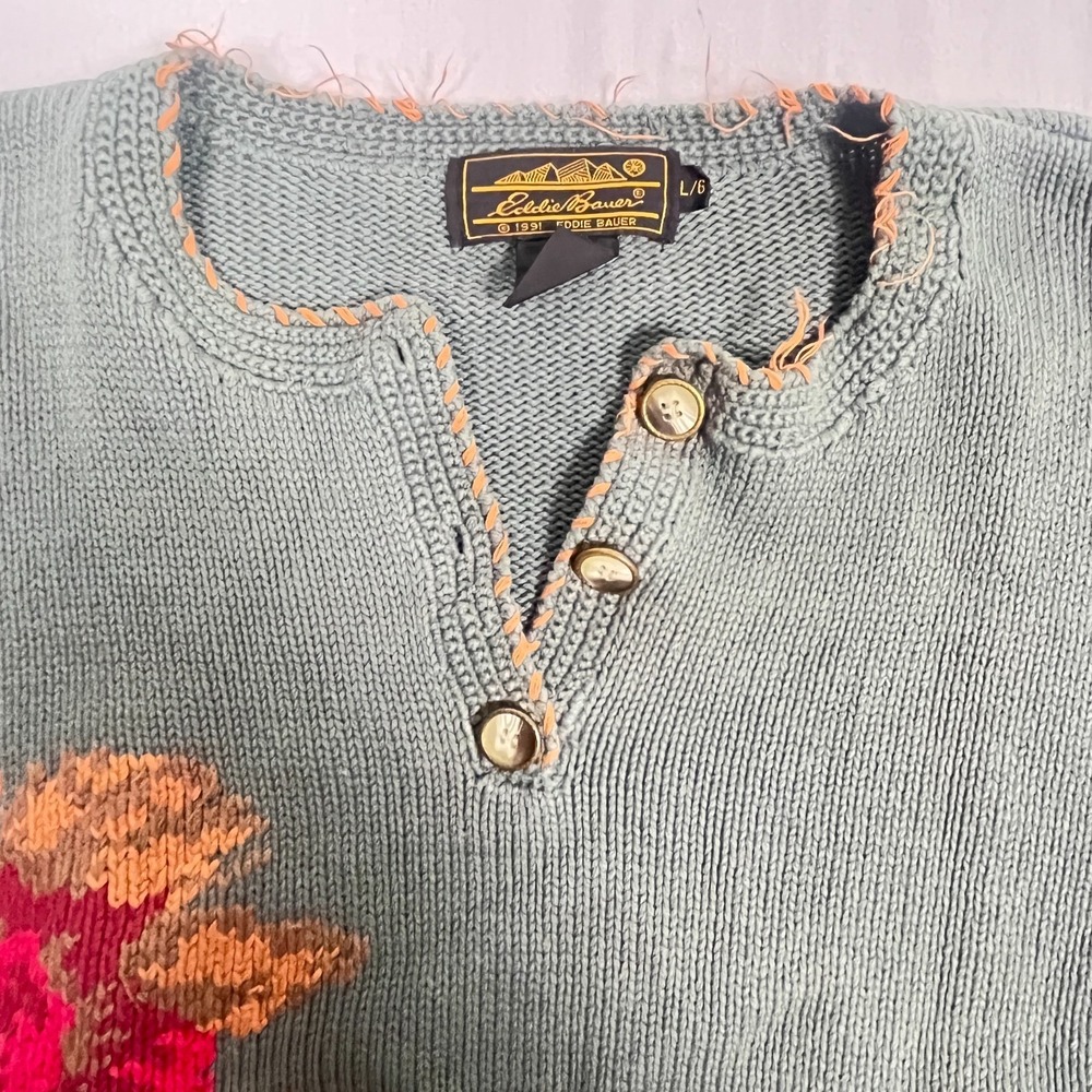 Vintage Eddie Bauer Sweater Womens Large Gray Red Plaid Fall Christmas Henley - Picture 2 of 11